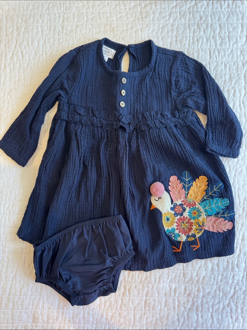Mud Pie Navy Blue Long Sleeve Dress Set with Floral Turkey Applique